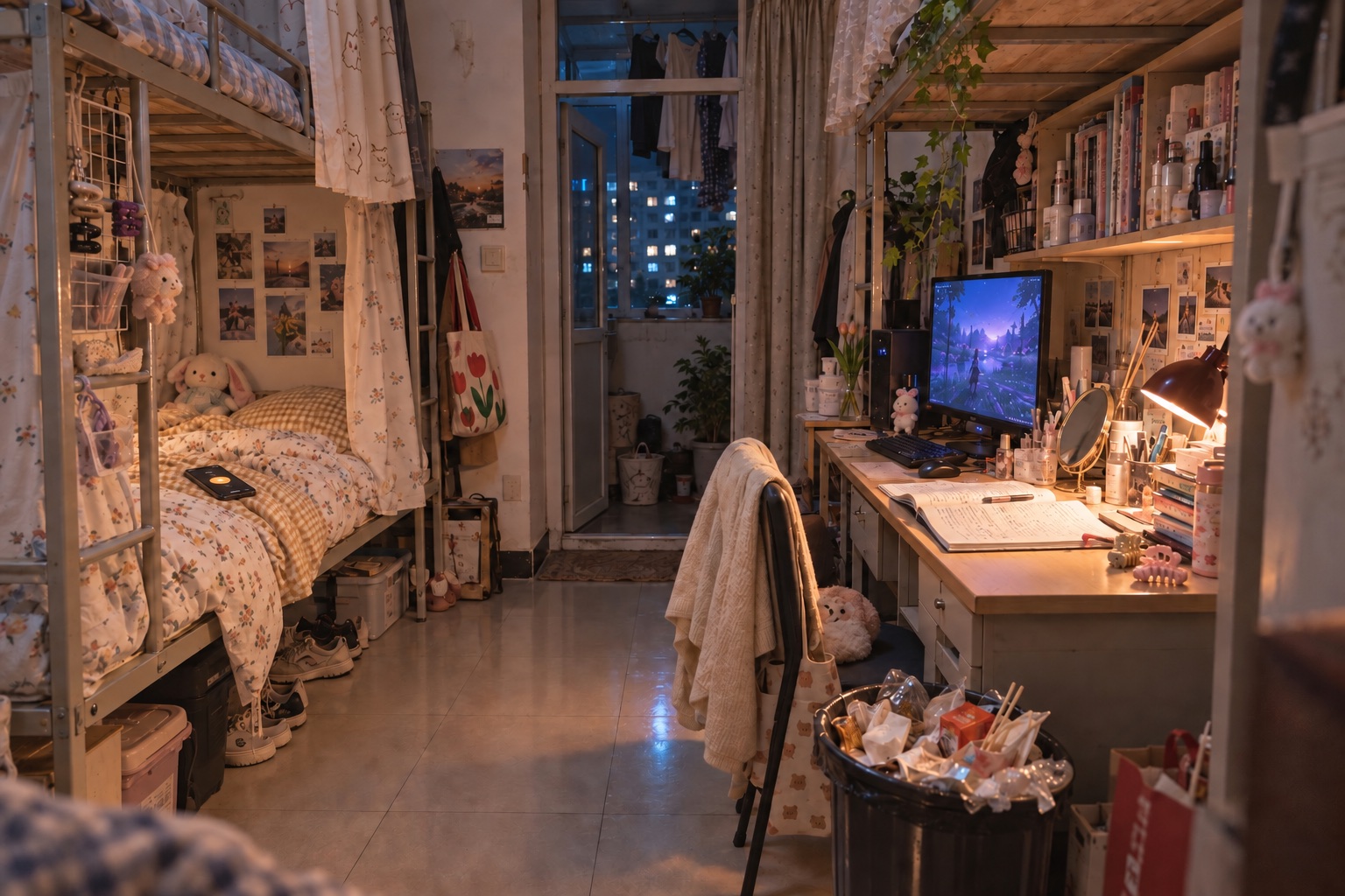 深夜的大学宿舍：上下铺、亮着的电脑、床上的手机闹钟和过满的垃圾桶